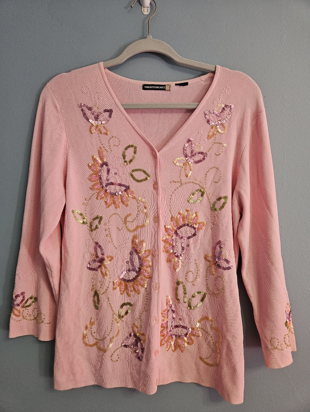 Sweaterworks Pink Cardigan L Sequin Butterfly Floral V-Neck Button Up Sweater